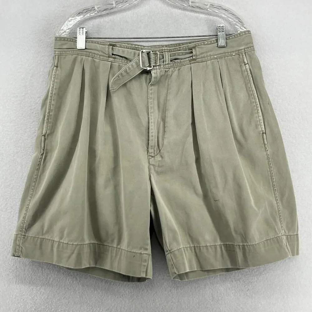 POLO RALPH LAUREN Shorts Mens 35 Military 8" Double Pleat Chino Belted Made USA - Picture 1 of 14